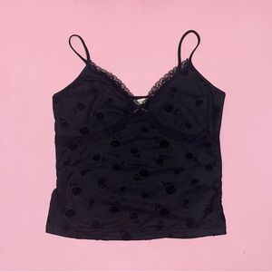 Hespens Black Mesh Tank Top with Velvet Rose Pattern